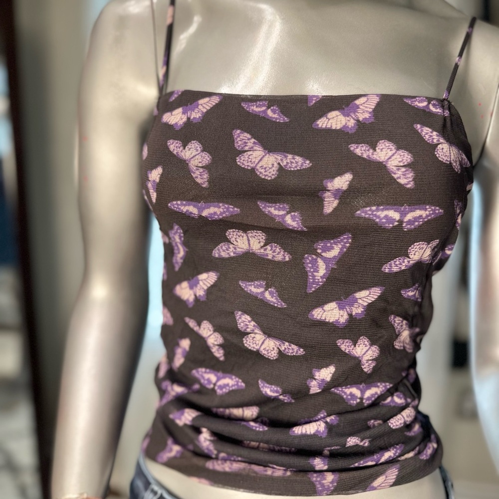 Urban Outfitters Black Purple Butterfly Ruched Cami Top Medium